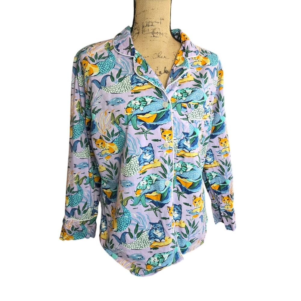 Printfresh meowing mermaids cat cotton sleep top button pajama shirt purple XS